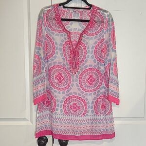Calypso St. Barth Pink Blue Embroidered Sequin V-neck Long Sleeve Tunic Cover Up